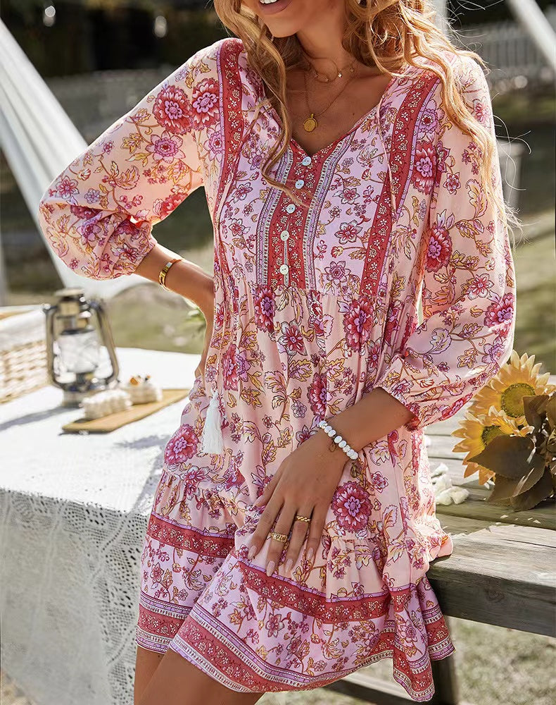 V neck Printed Laidback Bohemian Short Dress
