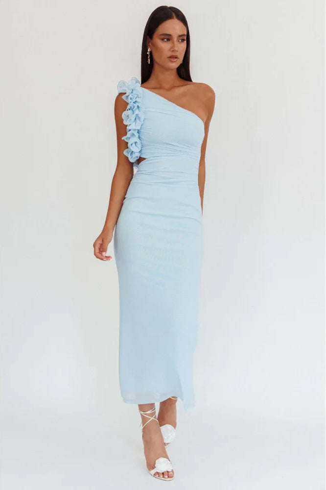 Shoulder Slant Flower Midi Dress