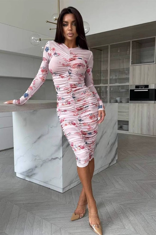 Ruched Printed Long Sleeve Midi Dress