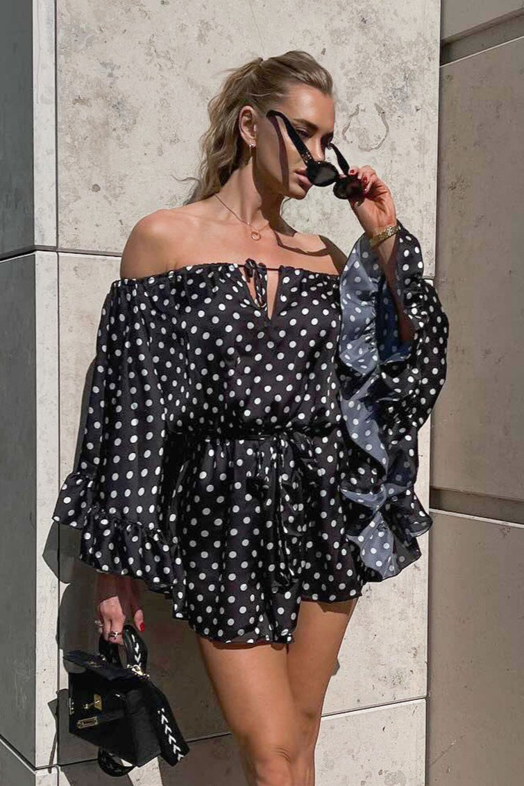 Dot Polka OffShoulder Ruffle Mini Dress
