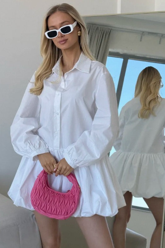 Sleeve Puff Buttoned Mini Dress