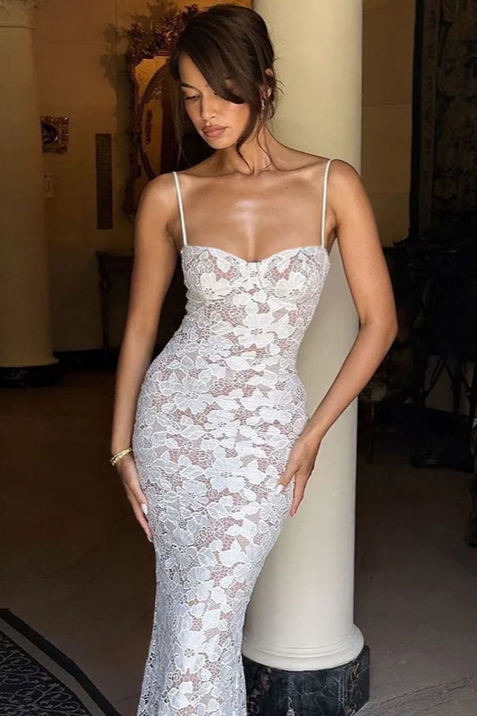 Stylish Hollow Out Lace Bodycon Maxi Dress