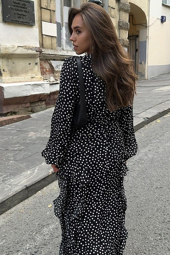 Retro V-Neck Polka Dot Puff Sleeve A-Line Maxi Dress