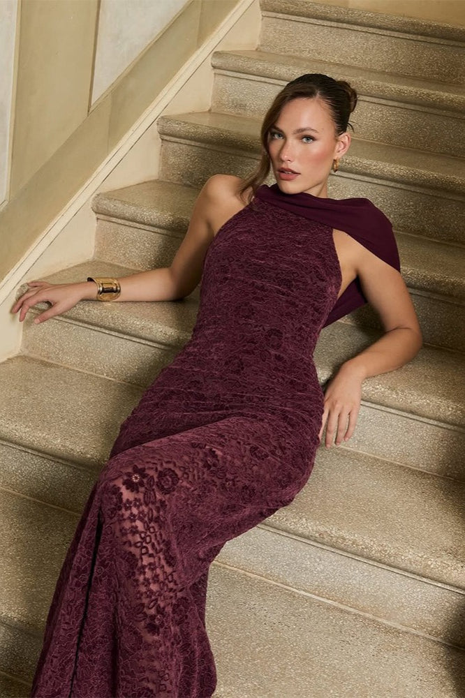 Graceful Scarf Neck Backless Lace Patchwork Bodycon Prom Dress