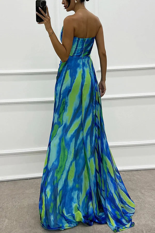 Renee Exclusive Amazing Views Off Shoulder Pleated Slit Maxi Dress with Feather Rose Detail in Watercolor Print Chic Silhouette Collection