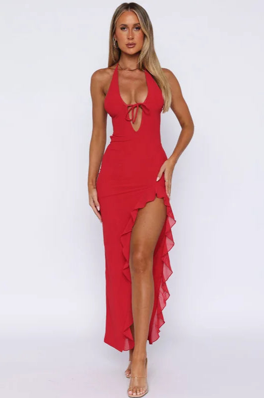 V Ruffle Neck Patchwork Midi Dress
