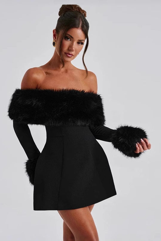 Fur Faux Collar Off Shoulder Bodycon Dress