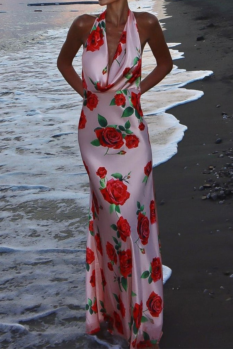 Printed Edition Halter Backless Maxi Silk Dress