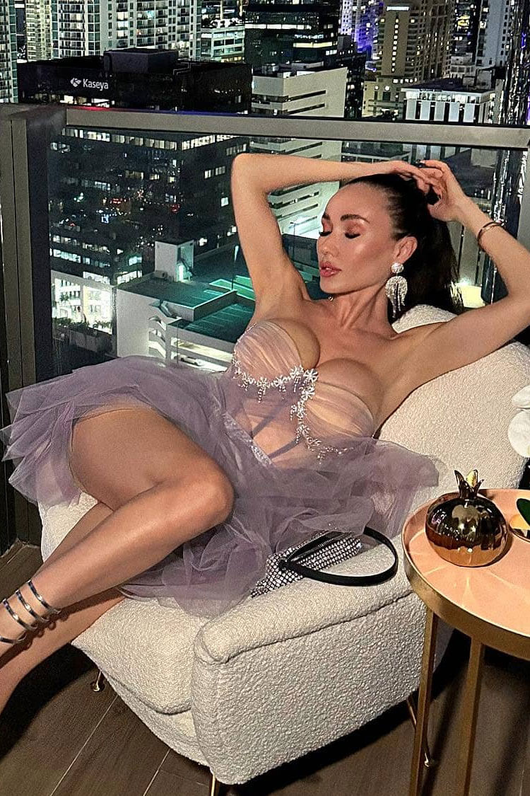 Bow Fairy Embellished Strapless Sheer Tulle Corset Party Mini Dress - Lilac