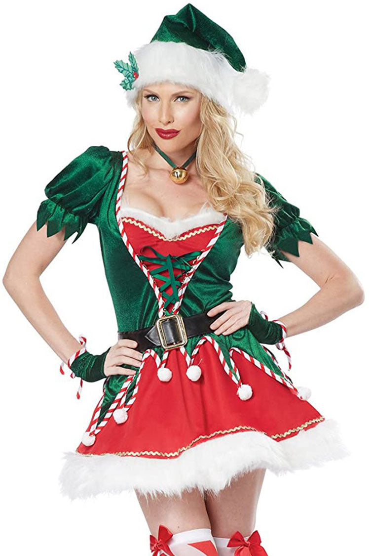 Elf Fairy Cosplay Pom Pom Belted Velvet Christmas Two Piece Mini Dress - Green
