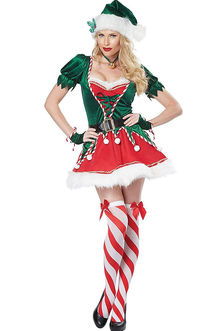 Elf Fairy Cosplay Pom Pom Belted Velvet Christmas Two Piece Mini Dress - Green