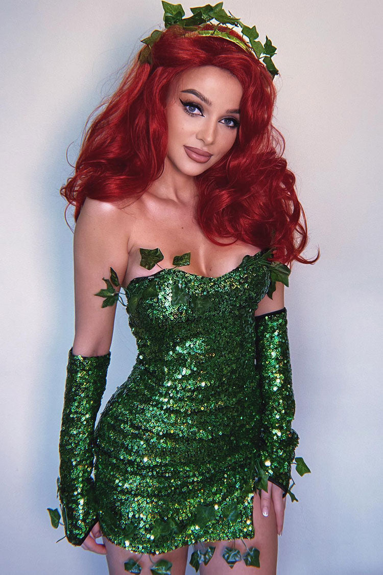 Elf Fairy Halloween Ivy Trim Glove Sleeveless Sequin Party Mini Dress - Green