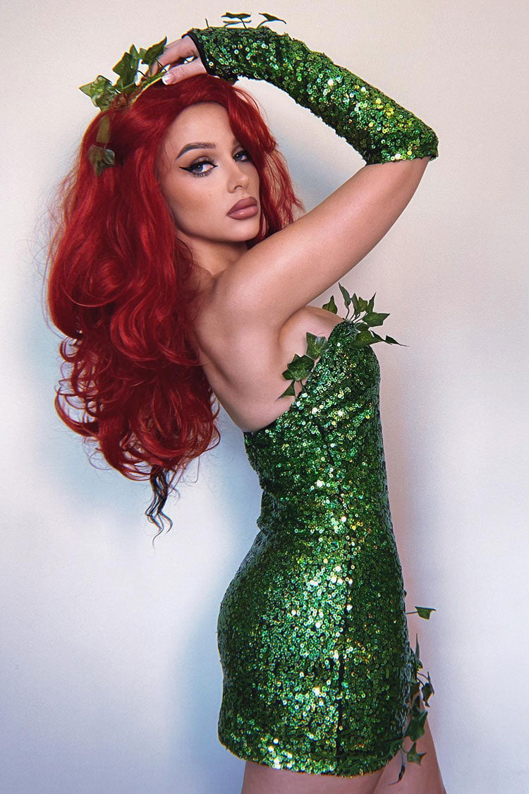 Elf Fairy Halloween Ivy Trim Glove Sleeveless Sequin Party Mini Dress - Green