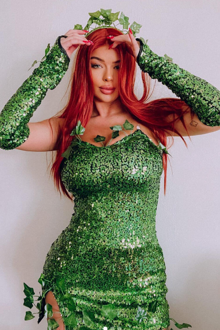 Elf Fairy Halloween Ivy Trim Glove Sleeveless Sequin Party Mini Dress - Green