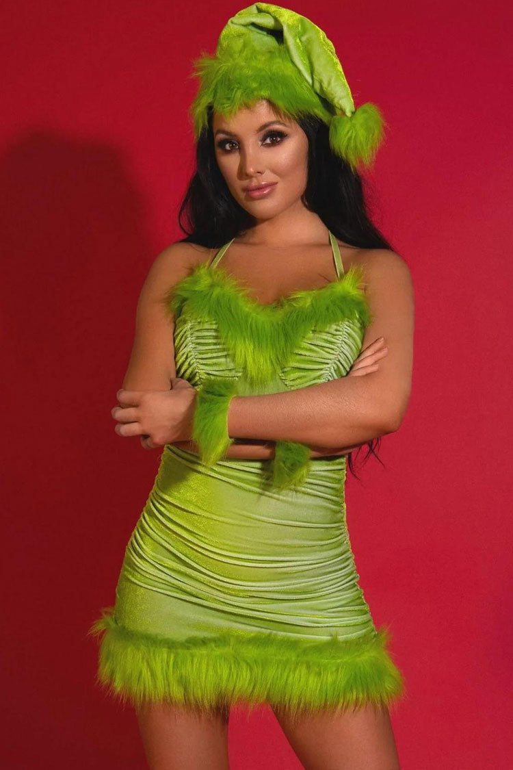 Mrs Fairy Claus Faux Fur Ruched Halter Velvet Christmas Party Mini Dress - Green