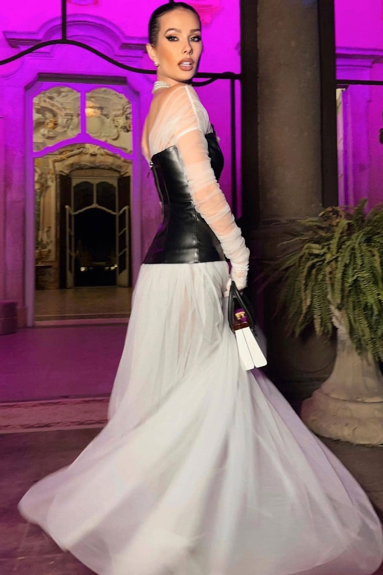 Fairy Off Shoulder Black and White Faux Leather Tulle Evening Maxi Dress - White