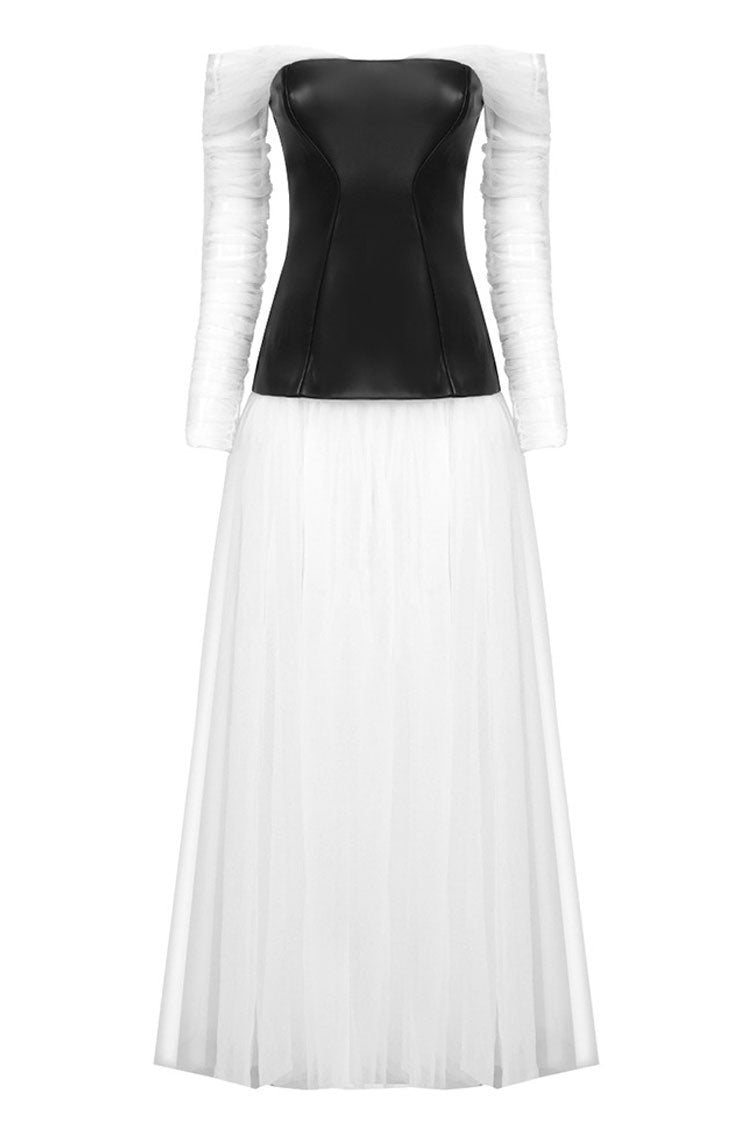 Fairy Off Shoulder Black and White Faux Leather Tulle Evening Maxi Dress - White