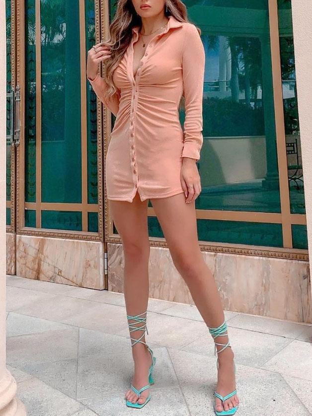 V Pleated neck Long sleeved Bodycon Dress