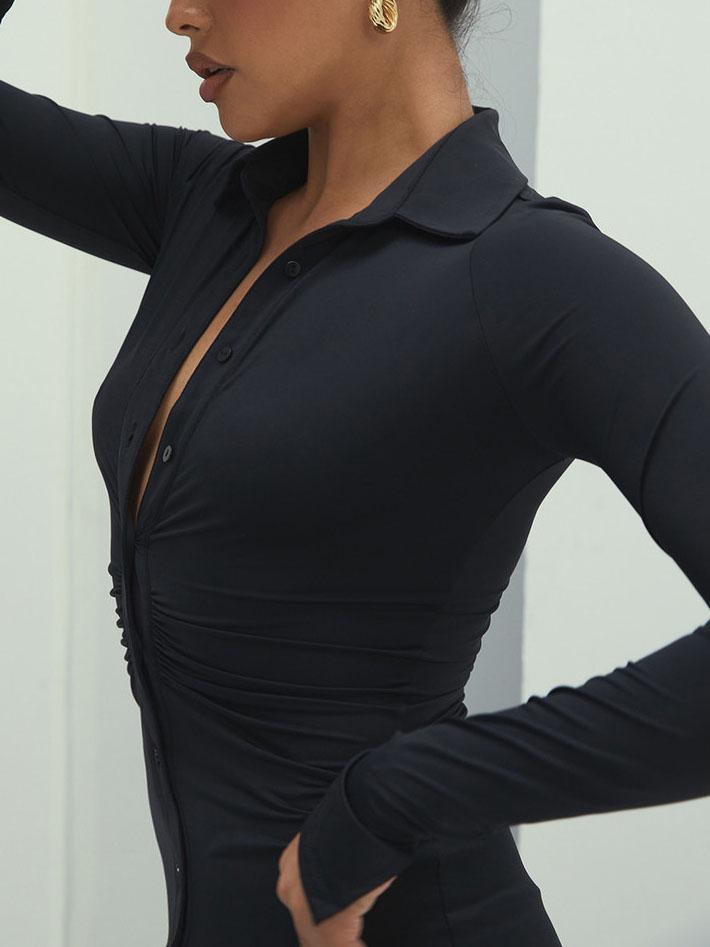 V Pleated neck Long sleeved Bodycon Dress
