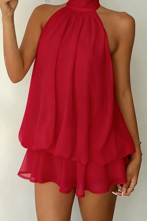 Alluring Backless Halter Tie Waist Slim Fit Ruffled Mini Dress