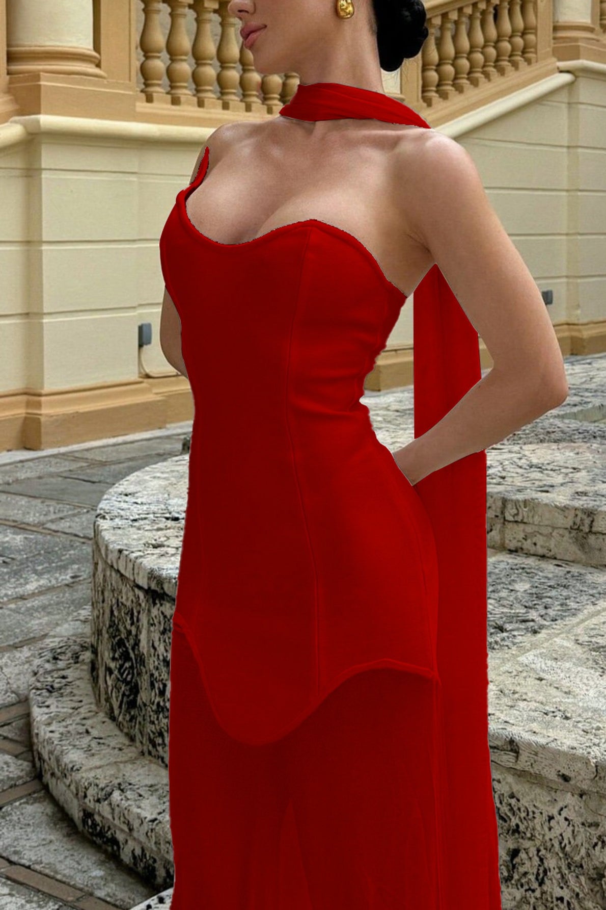 Draped Tie Chic Mesh Patch Tube Prom Dress