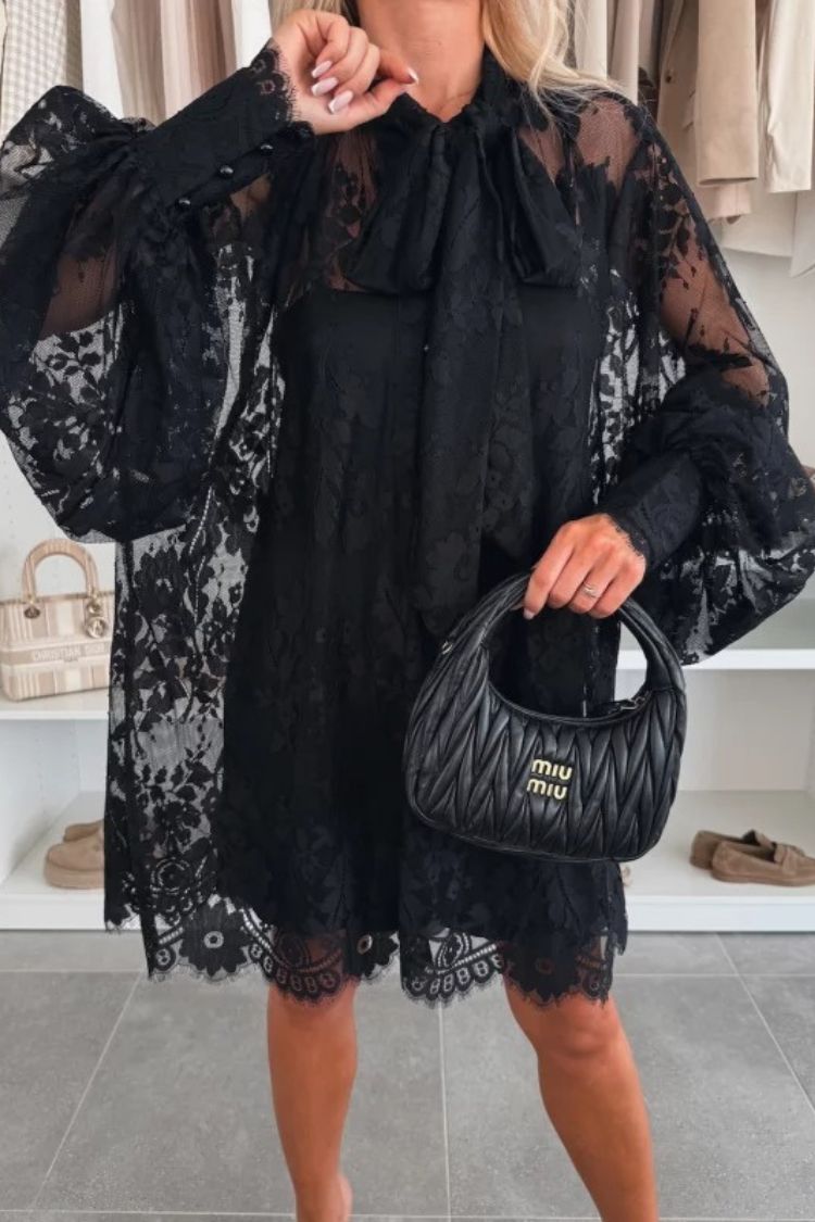Effortless Iliana Night Rose a Line Mini Dress with Lace Bow and Long Balloon Sleeves Designer Edit