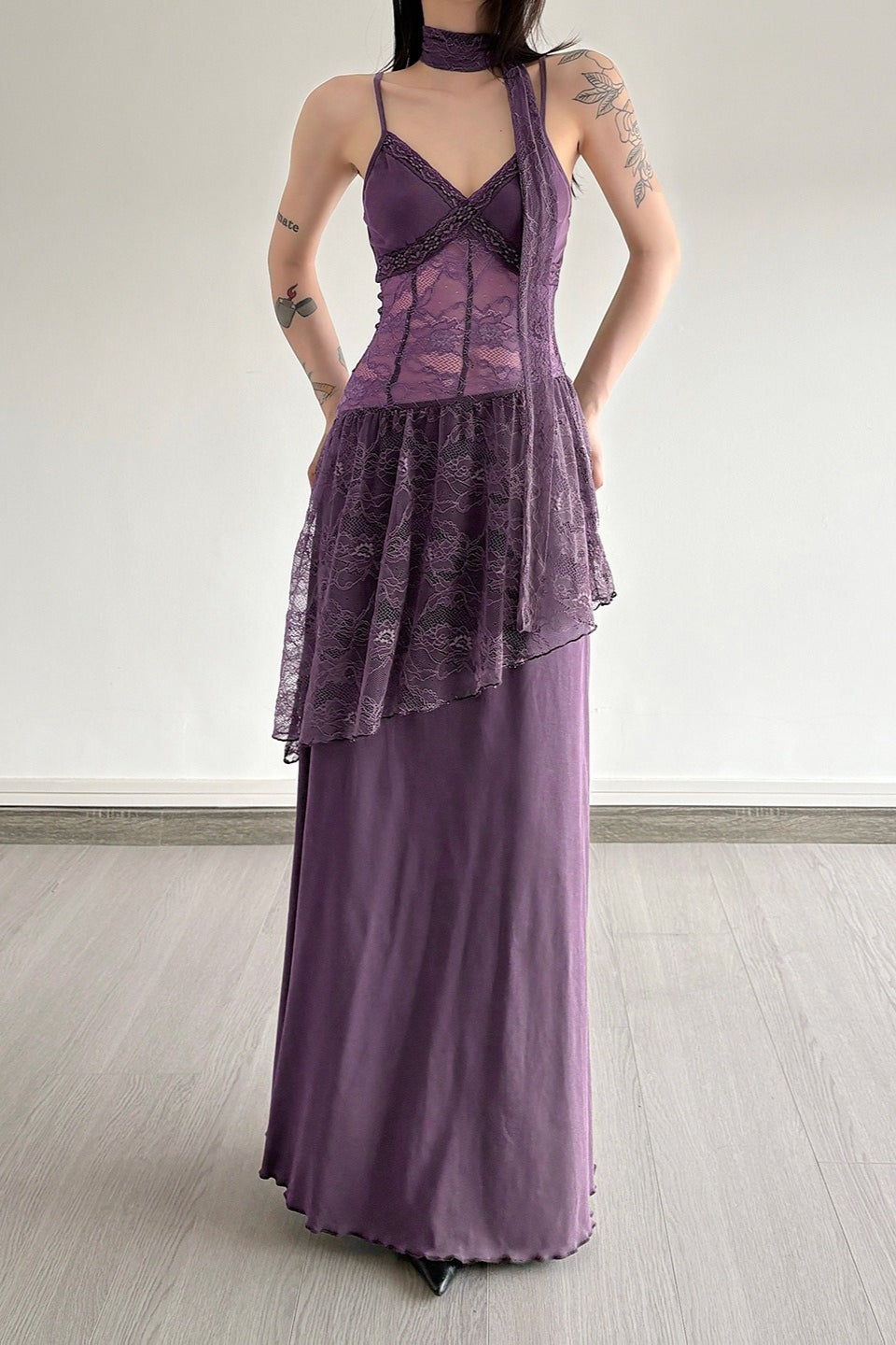 Lace Edition Trim Sheer Waist Tie Cami Maxi Lace Dress