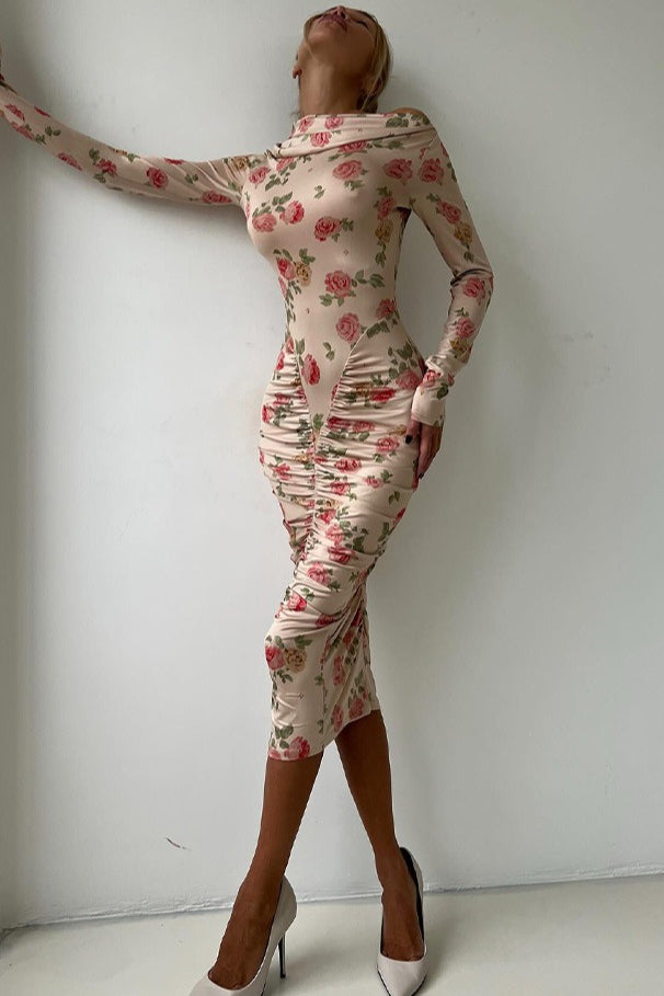 Neck Asymmetrical Ruched Midi Dress