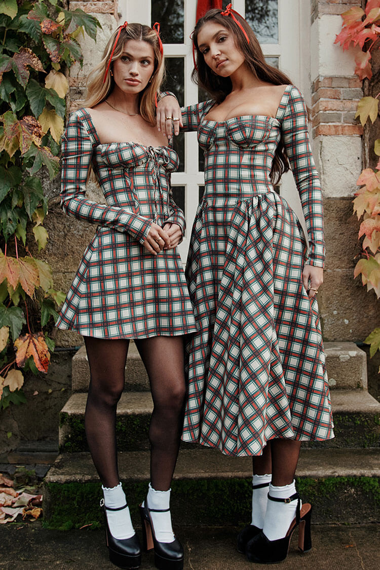 Sweetheart Festival Long Sleeve Drop Waist Tartan Pattern Midi Dress - Red