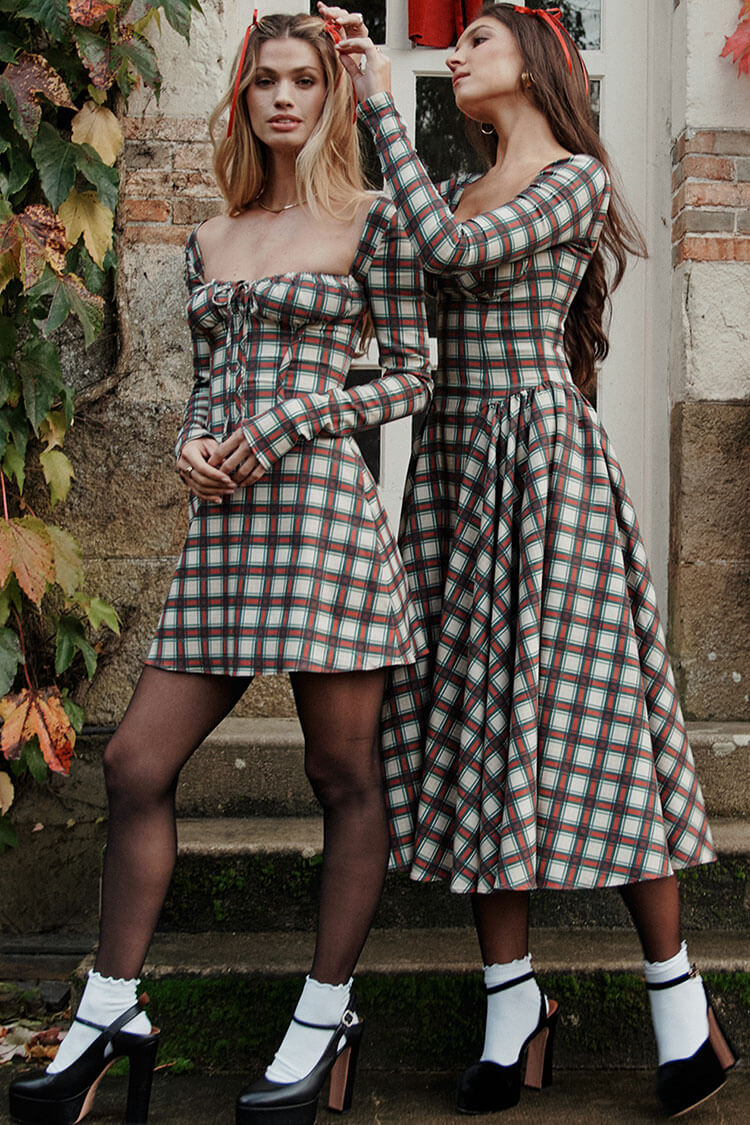 Sweetheart Festival Long Sleeve Drop Waist Tartan Pattern Midi Dress - Red