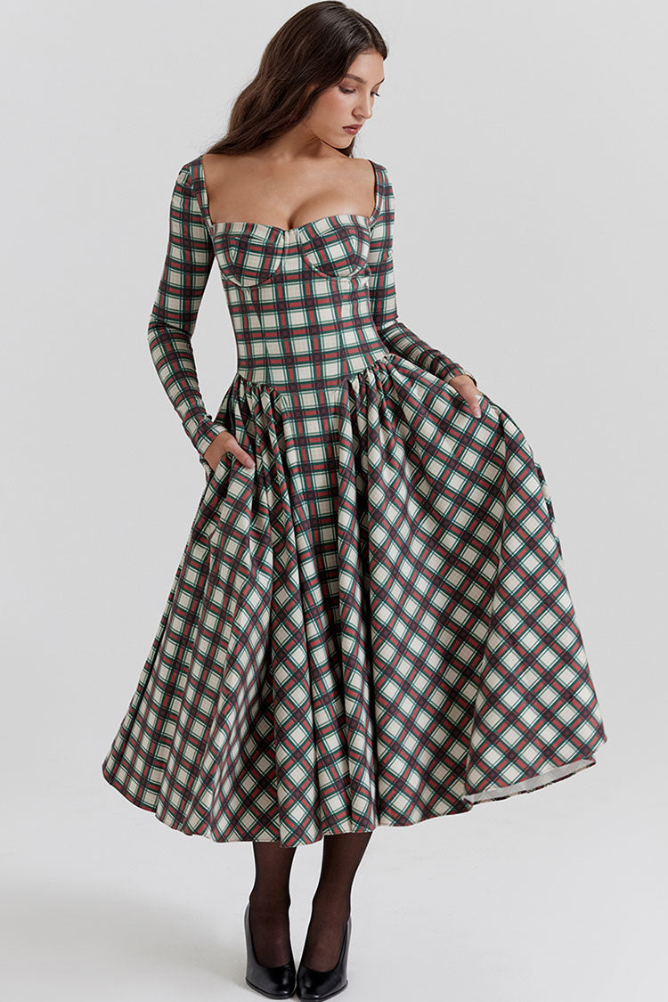 Sweetheart Festival Long Sleeve Drop Waist Tartan Pattern Midi Dress - Red