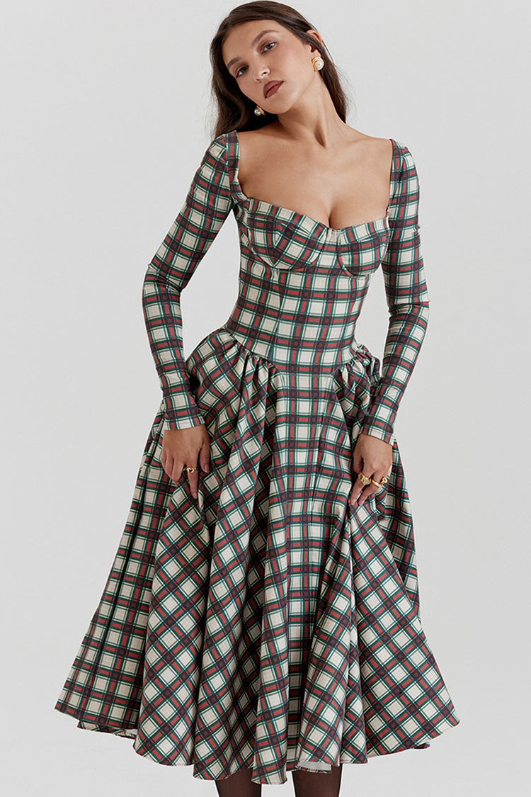 Sweetheart Festival Long Sleeve Drop Waist Tartan Pattern Midi Dress - Red