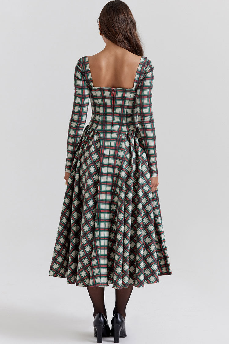 Sweetheart Festival Long Sleeve Drop Waist Tartan Pattern Midi Dress - Red