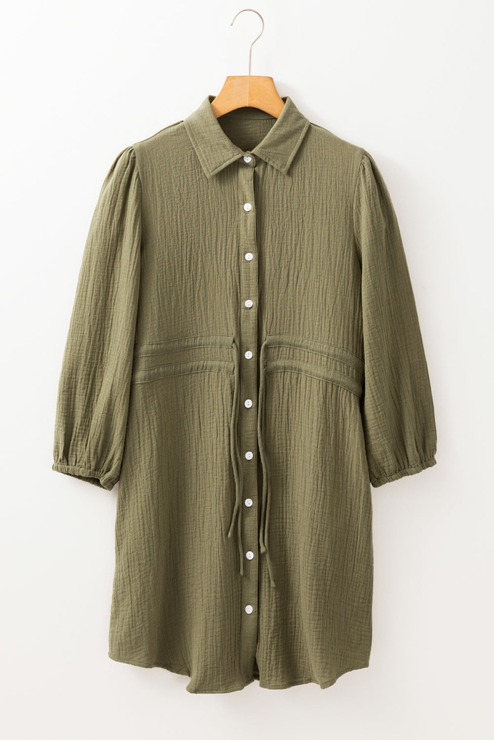 Green Jungle Textured Bracelet Sleeve Collared Button Up Dual Tied Mini Dress