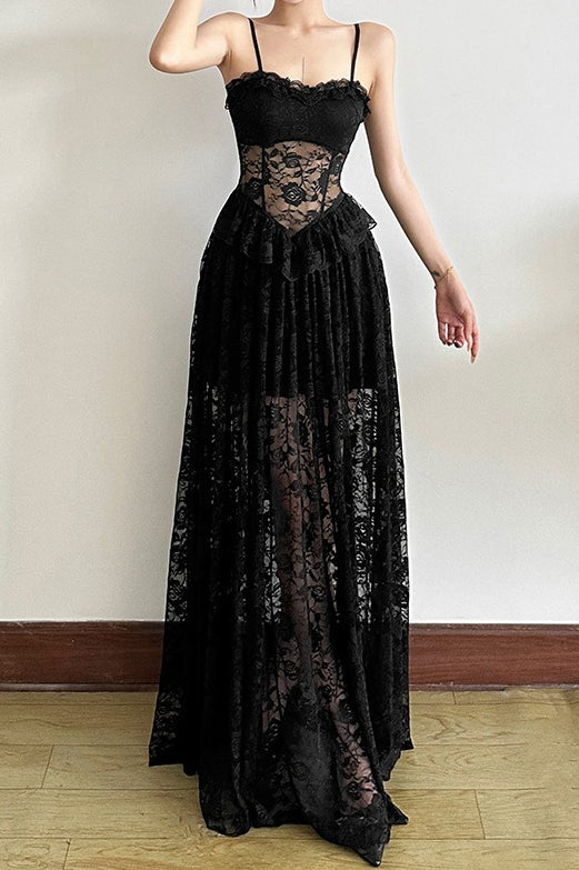 Sleeveless Edition Ruffled Waist Maxi Lace Dress