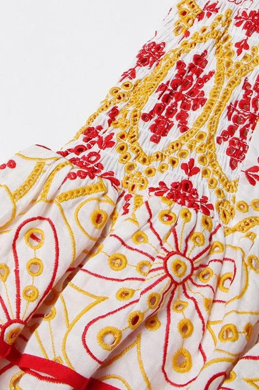 Effortless Jenni Off the Shoulder Mini Dress with Embroidery and Print Designer Edit