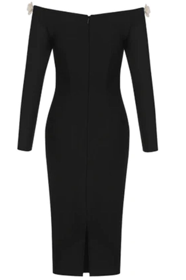 Bloom Applique Off The Shoulder Long Sleeve Cocktail Midi Dress - Black