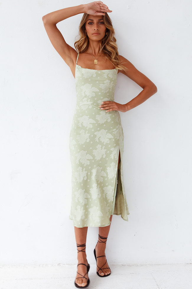 Bloom Cowl Neck High Slit Slip Midi Dress - Sage Green