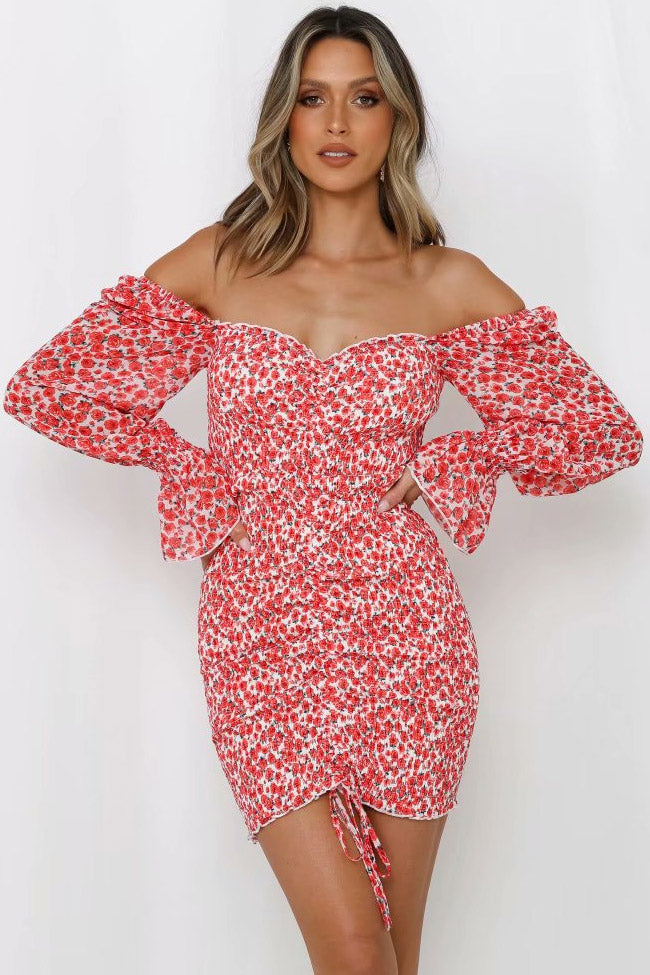 Bloom Off Sleeve Ruched Bodycon Smocked Mini Dress - Red