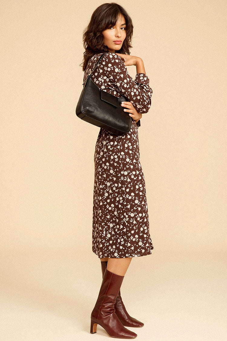 Bloom Print Long Sleeve Button Up French Shirt Midi Dress - Coffee