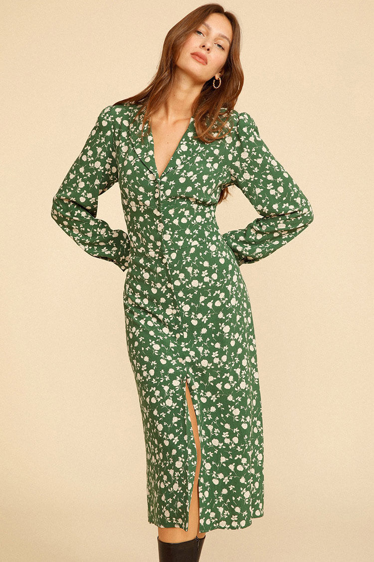 Bloom Print Long Sleeve Button Up French Shirt Midi Dress - Green