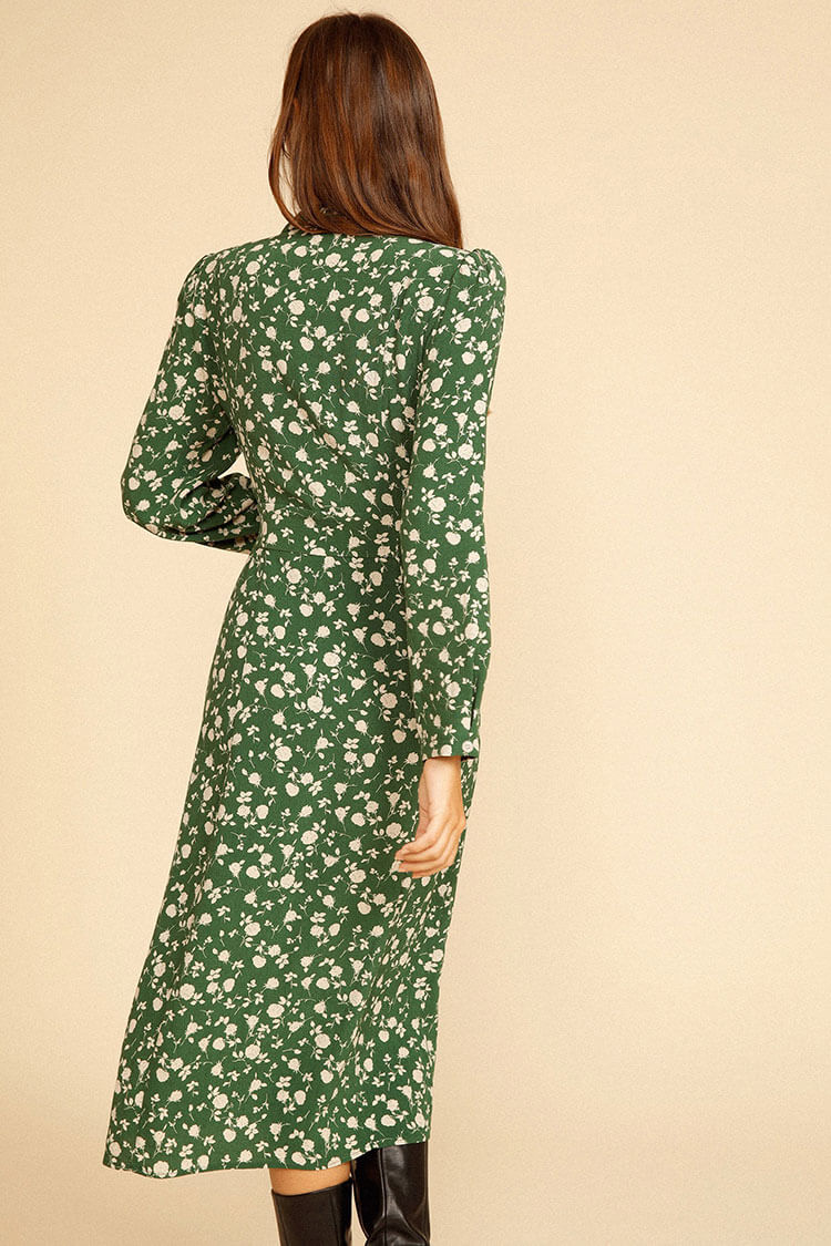 Bloom Print Long Sleeve Button Up French Shirt Midi Dress - Green