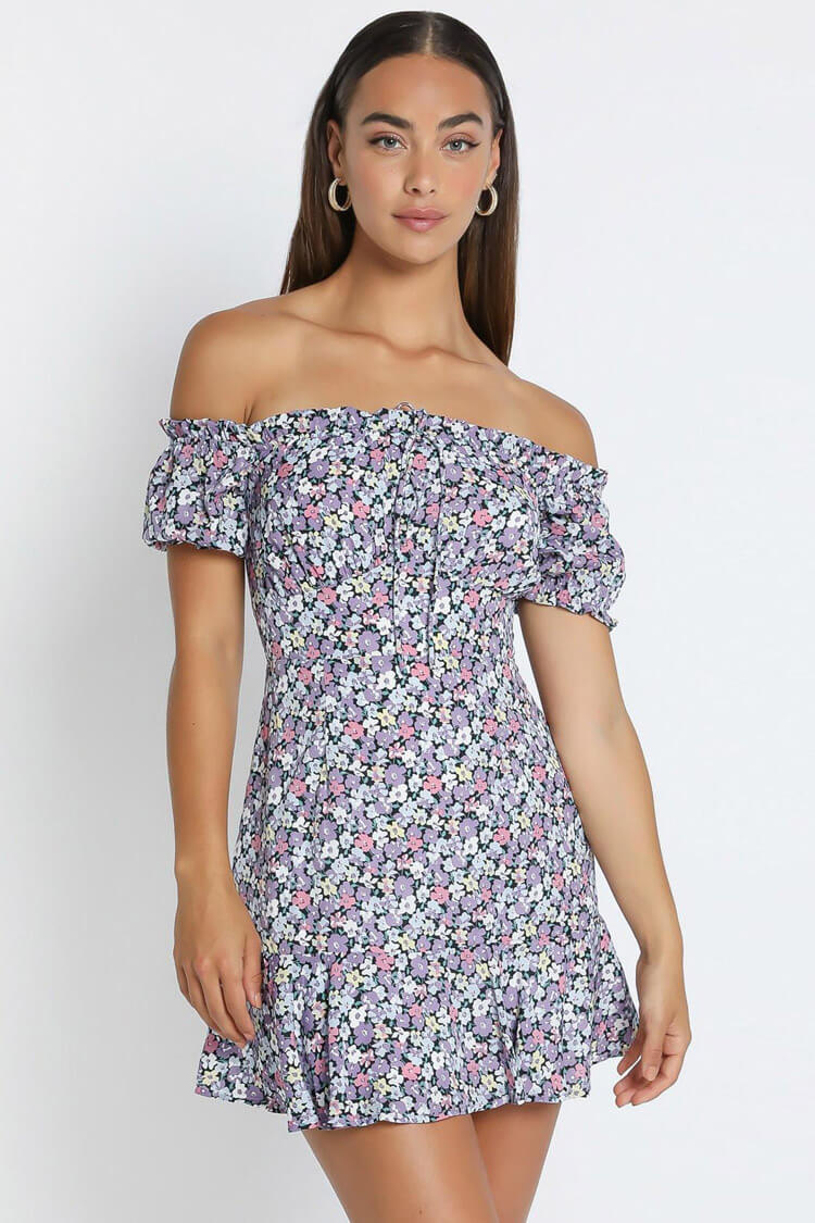 Botanical Print Short Sleeve Tie Front Ruffle Mini Dress - Purple