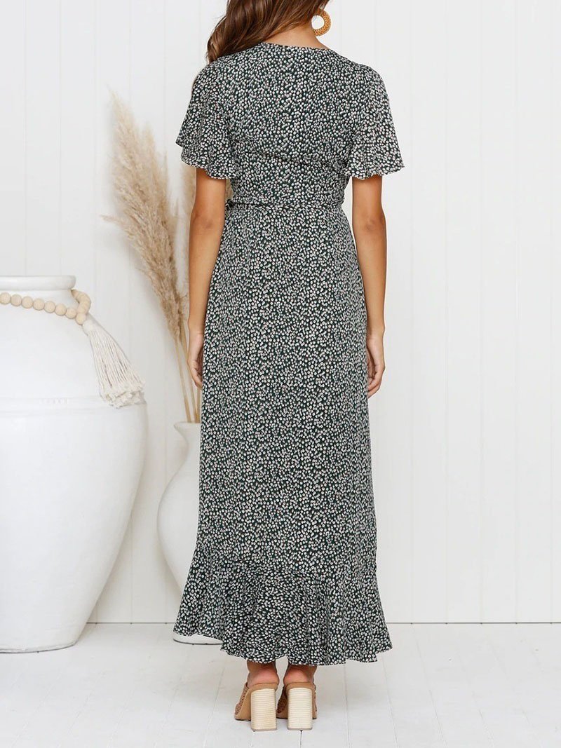 Botanical Print V neck Short sleeved Lace up Dress