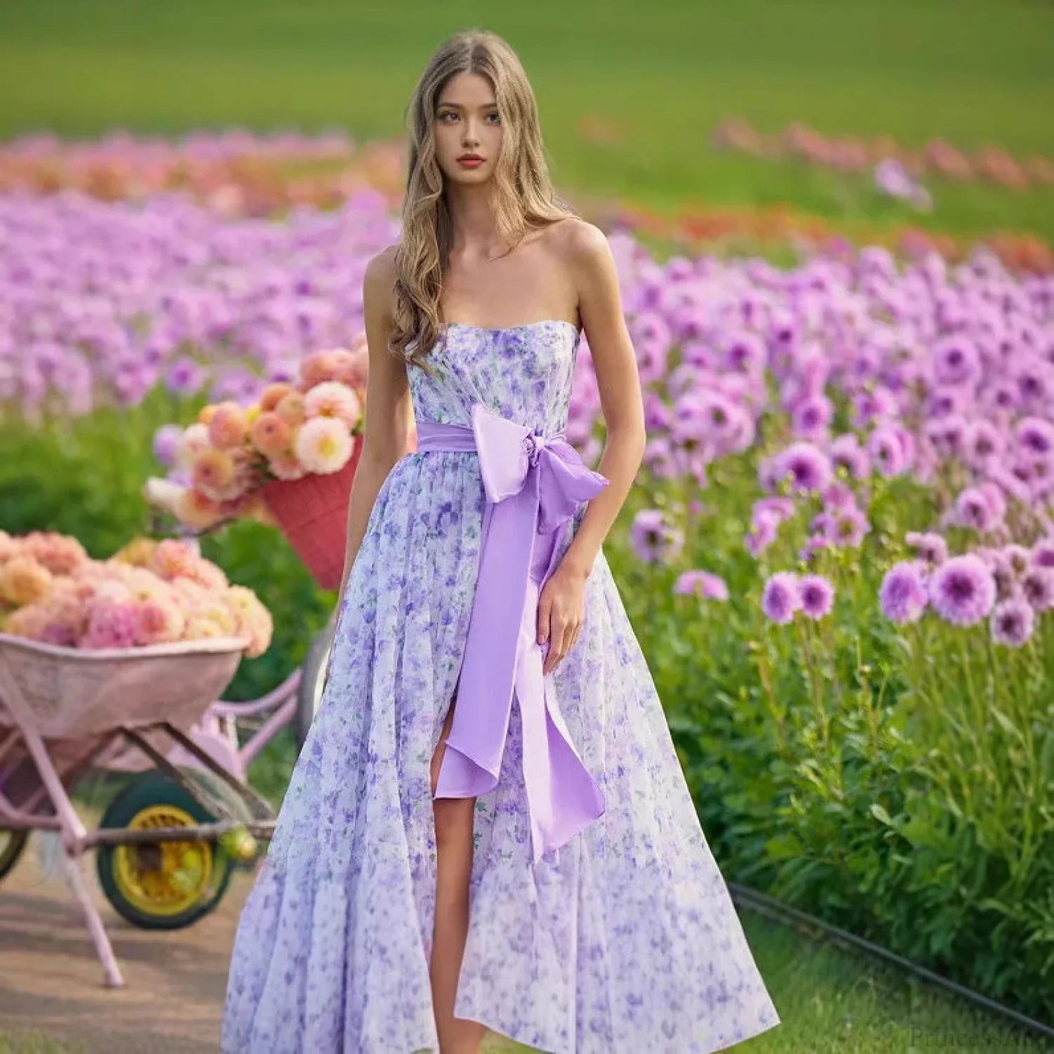 Flower Ruffle V-Neck High Hem Prom Dress
