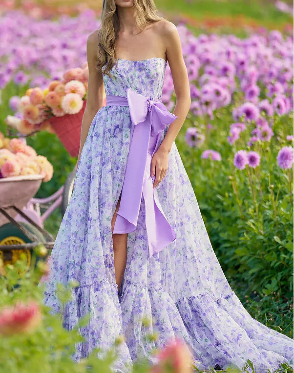 Flower Ruffle V-Neck High Hem Prom Dress