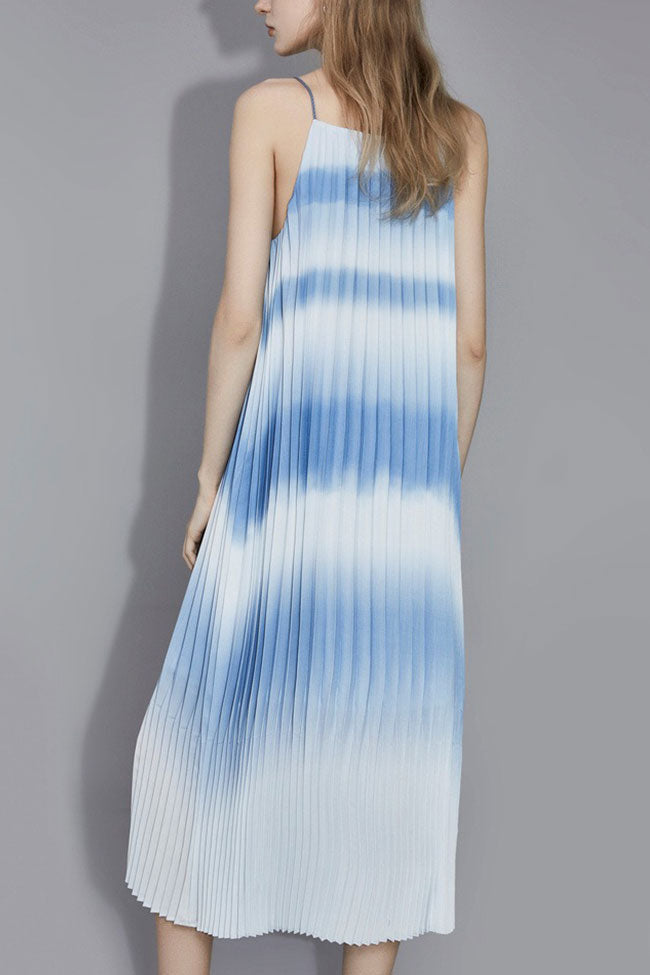 Gradient Flowing Striped A Line Sleeveless Pleated Slip Midi Dress - Sky Blue