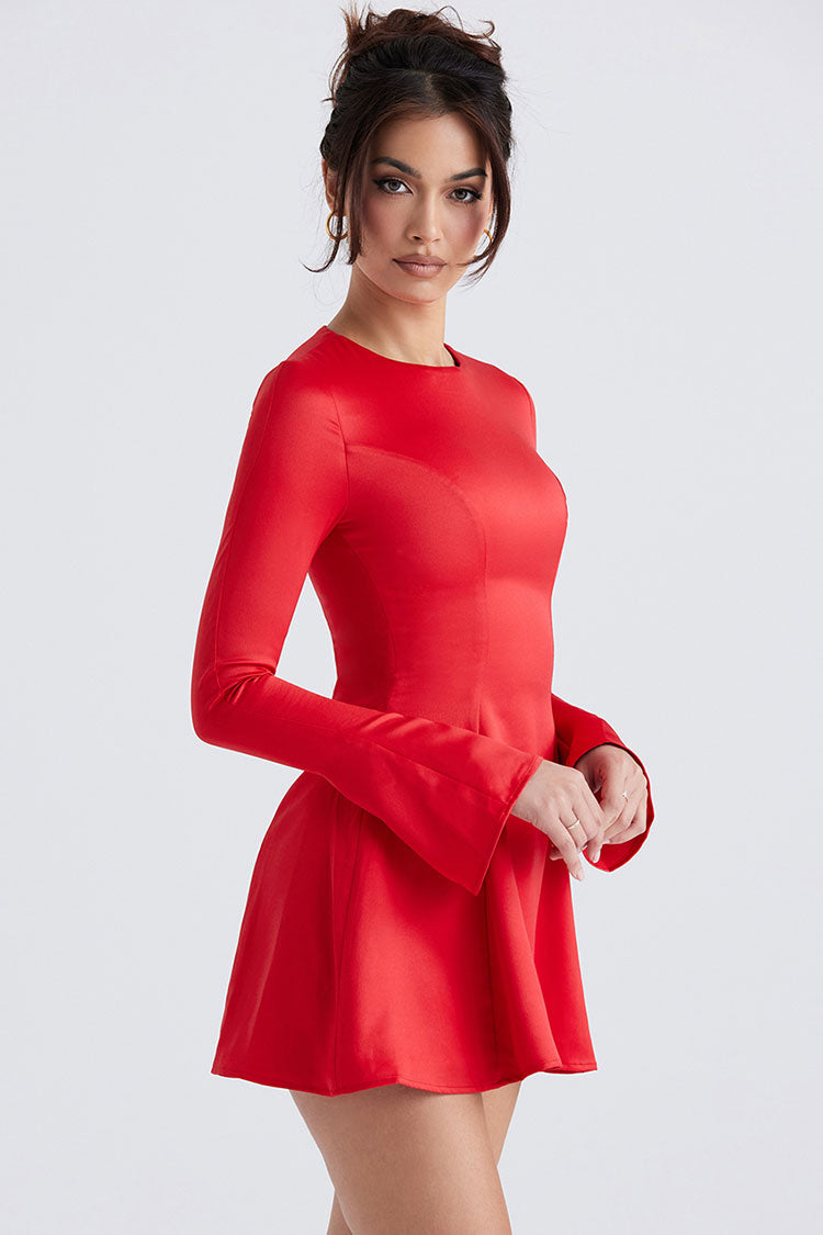 Crew Flowy Neck Long Sleeve Fit & Flare Holiday Satin Mini Dress - Red