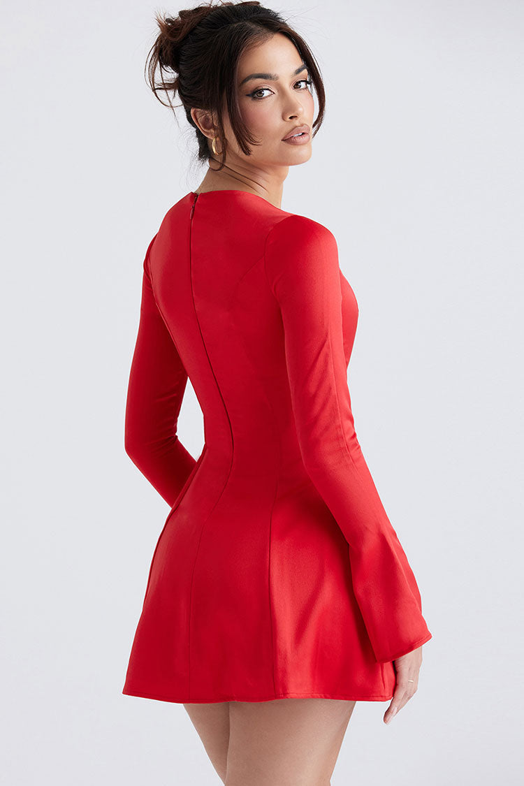 Crew Flowy Neck Long Sleeve Fit & Flare Holiday Satin Mini Dress - Red