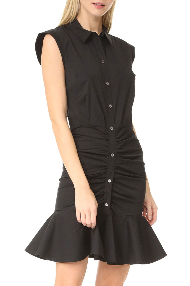 Fishtail Flowy Button Up Sleeveless Ruched Shirt Mini Dress - Black